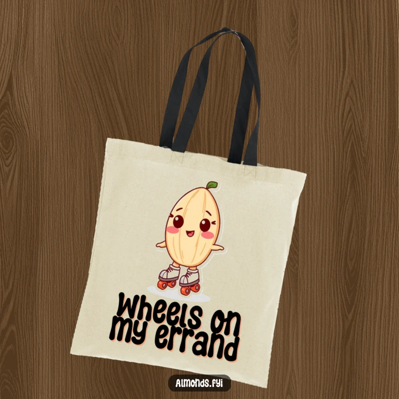 Funny tote bag: A playful almond character effortlessly skating on tiny wheels, ready to go places.